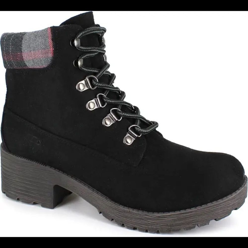 Rock & Candy size 7 plaid cuff lug sole black combat boots faux suede hiking